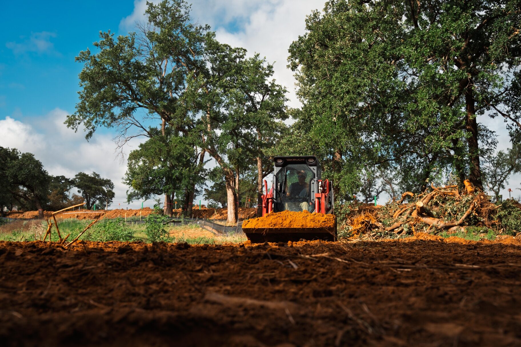 Track loader clearing land and brush on a Texas property